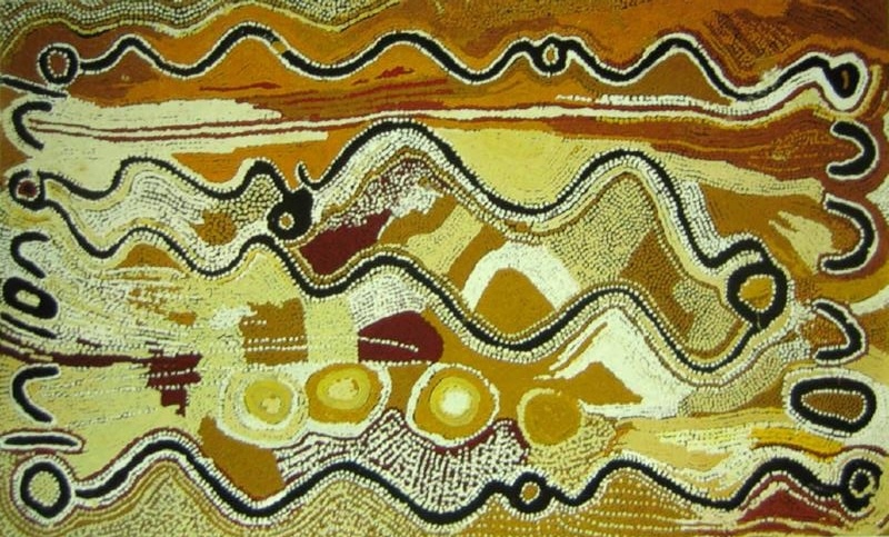 Maggie Watson Napangardi painting with long undulating black-and-white snake-vine forms crossing an ochre and yellow ground, with circular and U-shaped motifs among dense areas of fine dotting.