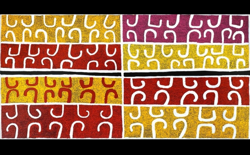 Boxer Milner’s Muyun (2001), with repeated white and red hooked forms arranged across rectangular fields of yellow, ochre, burgundy and red, divided by strong white and black lines.