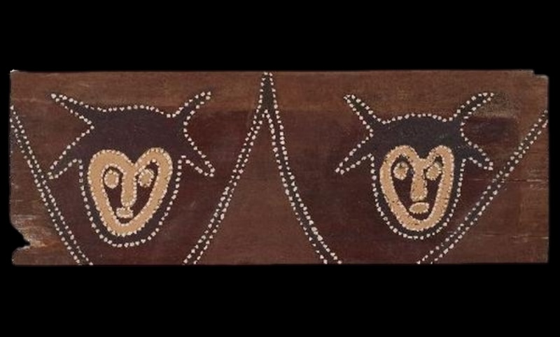 Devil Devil (Yulamangi) by Paddy Jaminji, 1985, a Gurirr Gurirr ceremonial painting in natural earth pigments on board.
