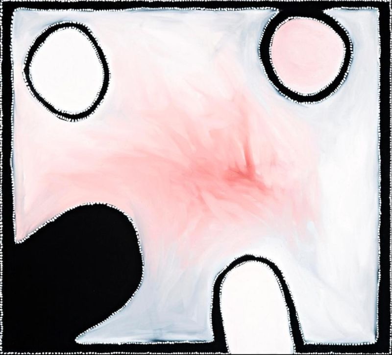 Abstract Aboriginal painting by Paddy Bedford with luminous white and pale pink earth pigments, bold black landforms and three oval waterholes representing Old Bedford in Gija Country