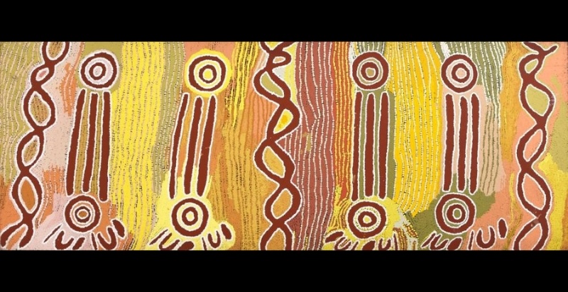 Maggie Watson Napangardi painting with four long digging-stick-like forms connecting concentric circles, bordered by twisting snake-vine motifs and vertical fields of yellow, pink, orange and ochre lines.
