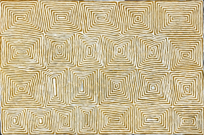 Ronnie Tjampitjinpa Tingari 1999 painting, with repeated ochre and white concentric rectangular forms arranged in rows across the linen.