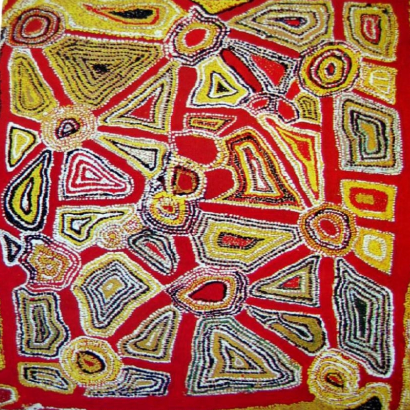 Wimmitji Tjapangarti's Travels of Tingari Beings at Kuta Kuta, 1991, with circular sites connected by red pathways and triangular and irregular forms densely outlined in yellow, white, black and ochre dots.