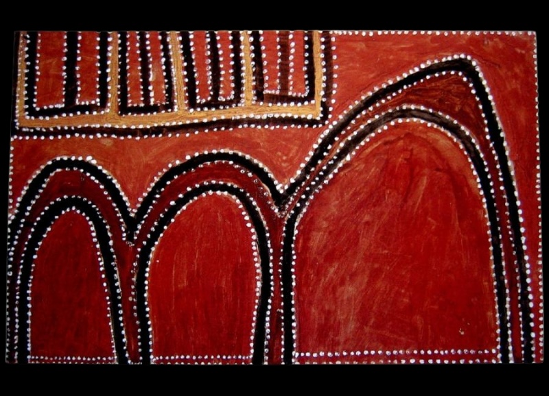 Gunmudu Country – Near Bedford Downs by Paddy Jaminji, 1988, an ochre painting of East Kimberley Country with large rounded hill forms outlined in white dots.