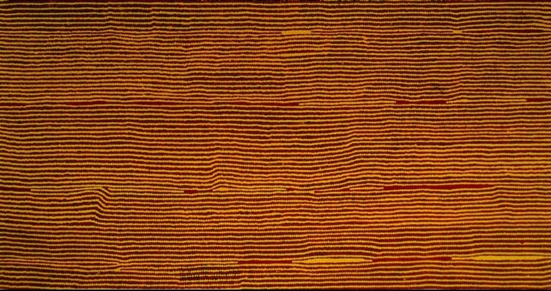 Turkey Tolson Tjupurrula Straightening Spears at Ilyingaungau, c.1996. Aboriginal painting composed of finely painted horizontal ochre, yellow and brown lines stretching across a wide panoramic canvas.