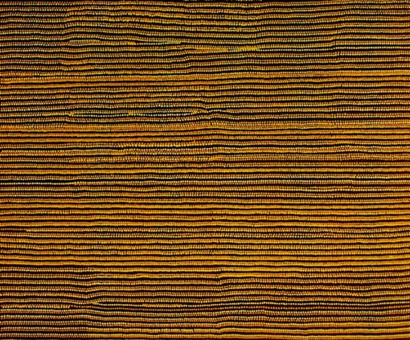 Turkey Tolson Tjupurrula Straightening Spears at Illyingaugau, 1997. Aboriginal painting of densely packed horizontal rows of ochre, yellow, cream and dark brown dots forming a shimmering abstract field.