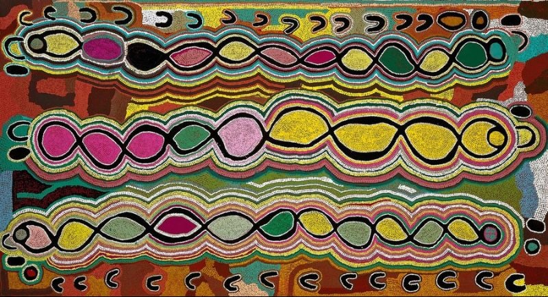 Judy Watson Napangardi painting Mina Mina Jukurrpa, 2009, with three long interwoven bands of oval forms in pink, yellow, green and purple, surrounded by repeated lines and U-shaped motifs.
