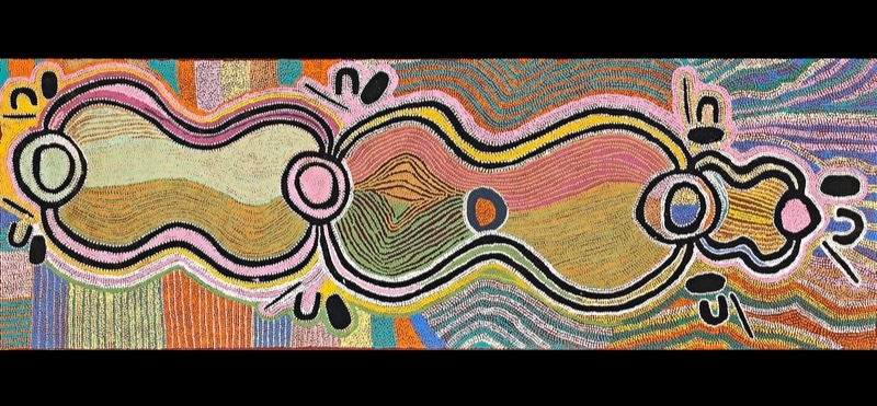 Maggie Watson Napangardi painting with a long undulating vine-like form connecting circular motifs, outlined in black, white, pink and yellow against flowing fields of orange, green, blue and purple lines.