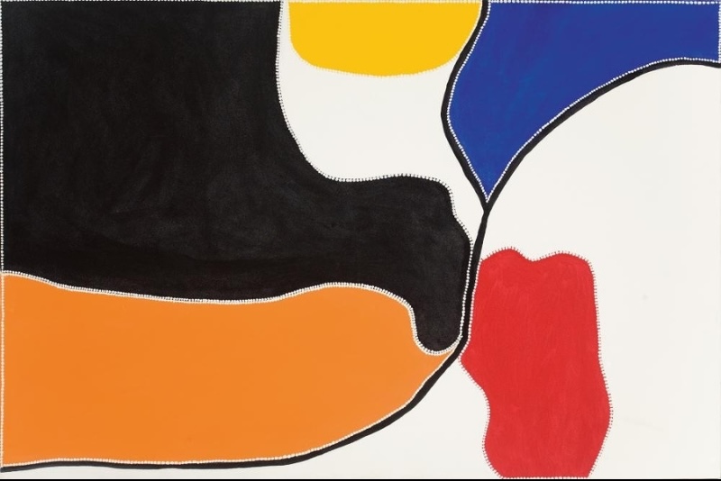 Freddie Timms Untitled, 1996, painting with bold black, white, orange, red, yellow and blue fields divided by fine dotted boundaries