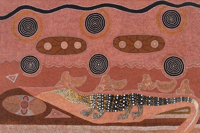 Turkey Tolson Tjupurrula Untitled (Perentie Dreaming), 1985. Aboriginal painting showing a large spotted perentie beneath concentric circles, oval ceremonial designs and seated figures on a pink dotted background.