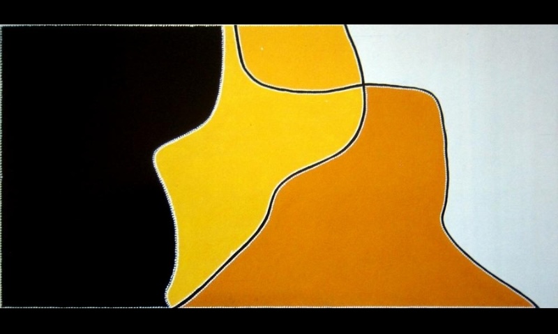 Freddie Timms Untitled 1998, Aboriginal painting with large black, yellow, orange and white geometric shapes