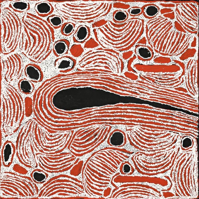 Ningura Napurrula Untitled, 2007, with a large elongated central form surrounded by layered arcs and black and red motifs in dense white dotting.