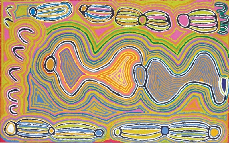 Judy Watson Napangardi painting Mina Mina Jukurrpa, 2004, with two large undulating central forms, elongated striped motifs and U-shaped forms surrounded by flowing lines of pink, yellow, green, blue and orange.