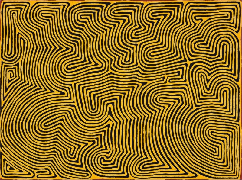 Ronnie Tjampitjinpa Walungurru 2011 painting, with dense yellow and black parallel lines bending and interlocking into large flowing geometric form