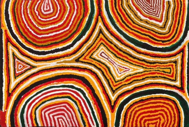 Tjumpo Tjapanangka Artist's Country (Mt. Kanabruta) 1996, with large concentric forms and layered curved lines in red, yellow, black, white, green and ochre.