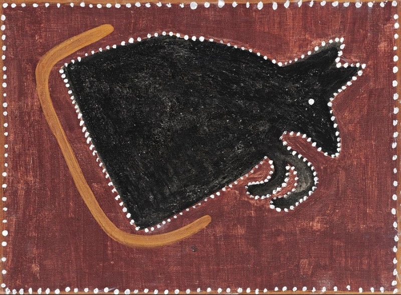 Kanmanturr by Paddy Jaminji, c. 1984, an early Warmun painting in natural earth pigments on canvas board.