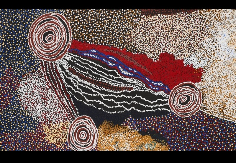 Rockholes and Country Near the Olgas 2007 by Bill Whiskey Tjapaltjarri, depicting three rockholes, tracks and Country around Pirupa Akla.