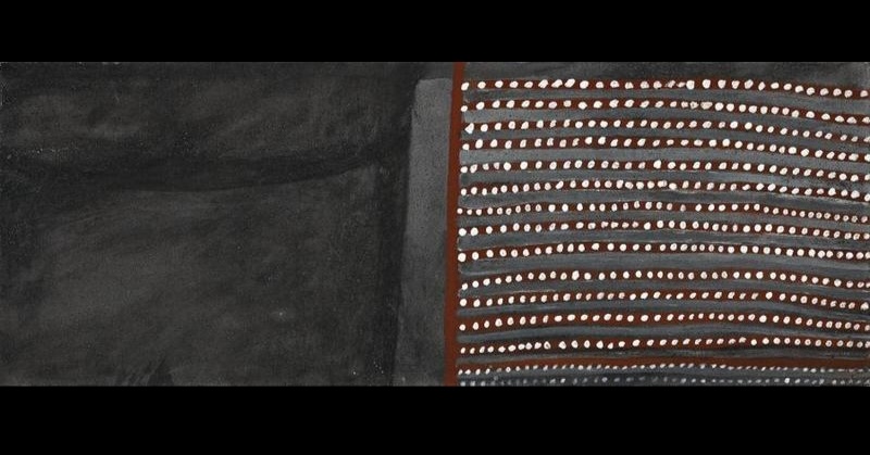 Zebra Rock, 2002 by Jack Britten, with a large black field beside tightly spaced horizontal red, grey and white dotted bands.