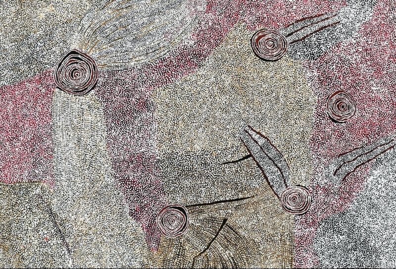 Rockholes Near the Olgas 2006 by Bill Whiskey Tjapaltjarri, depicting rockholes and ancestral Country near Kata Tjuta.