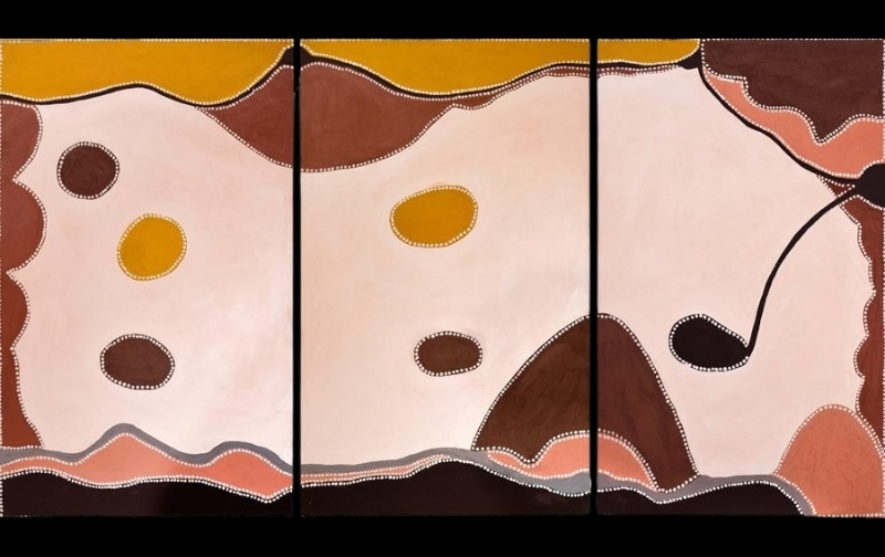 Freddie Timms Puppydog Plain (Triptych), 1996, ochre painting with expansive pale pink, yellow, brown, black and red fields divided by dotted boundaries and tracks