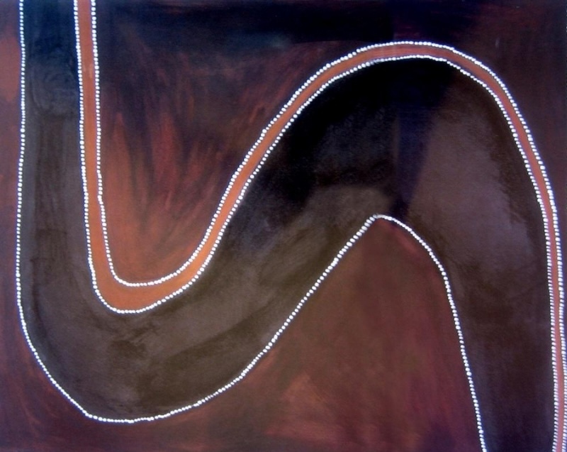 Rover Thomas Lake Gregory painting with sweeping black, red and brown ochre shapes outlined by fine white dots.