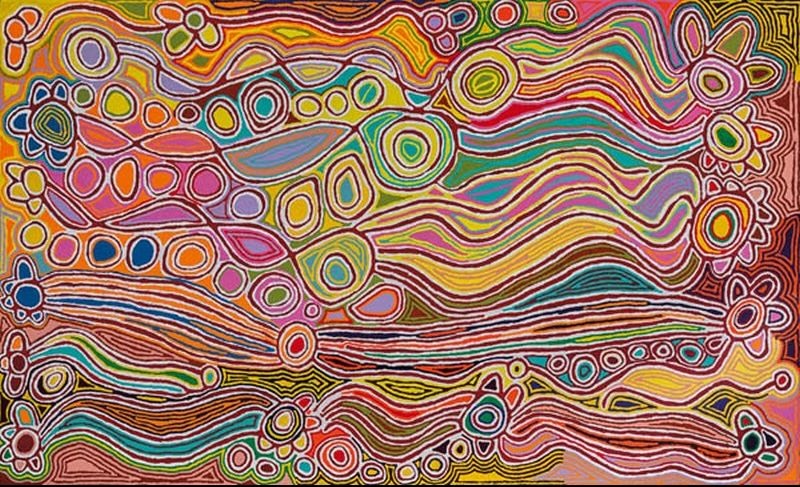 Large colourful Judy Watson Napangardi painting filled with flowing bands, concentric circles, leaf-like forms and repeated motifs in pink, red, yellow, green, blue and white.