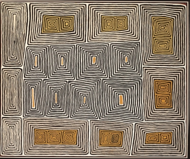 Ronnie Tjampitjinpa Designs Relating to the Site of Kampurarrpa 1999 painting, with interlocking black and white concentric rectangular forms surrounding smaller ochre geometric motifs.