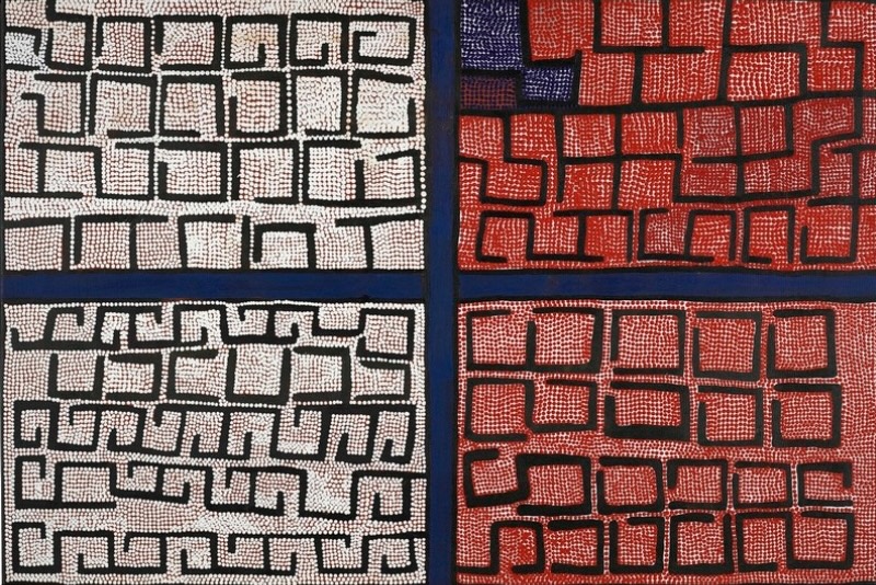 Boxer Milner’s Purkitji (2003), divided into four fields of dense white and red dotting crossed by black geometric lines and separated by strong dark blue bands.