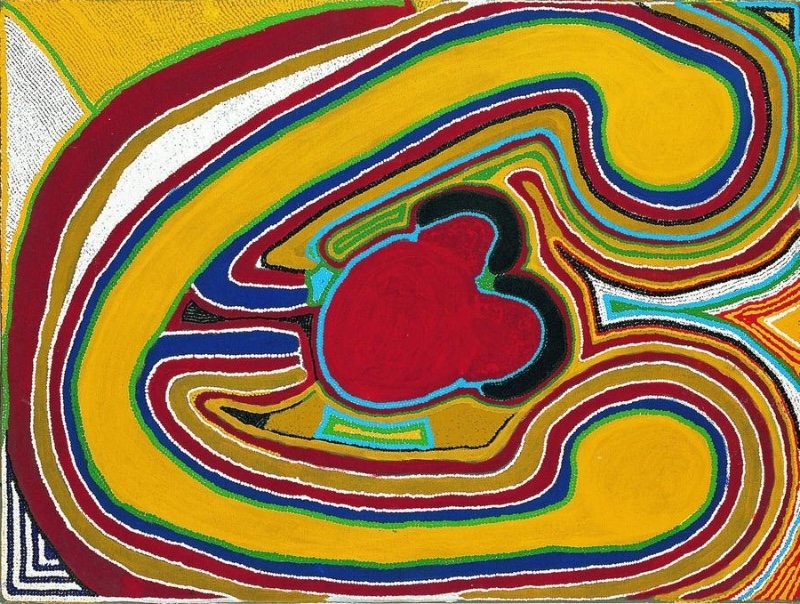 Sunfly Tjampitjin's Men's Law at Artist's Country at Murunpa, with bold yellow, red and multicoloured curved bands surrounding central joined forms representing two young initiates.