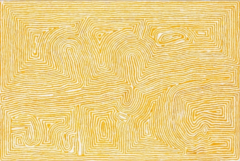 Tjumpo Tjapanangka Marlboree 2003, with dense yellow ochre parallel lines forming interlocking curved and geometric shapes across a white ground.