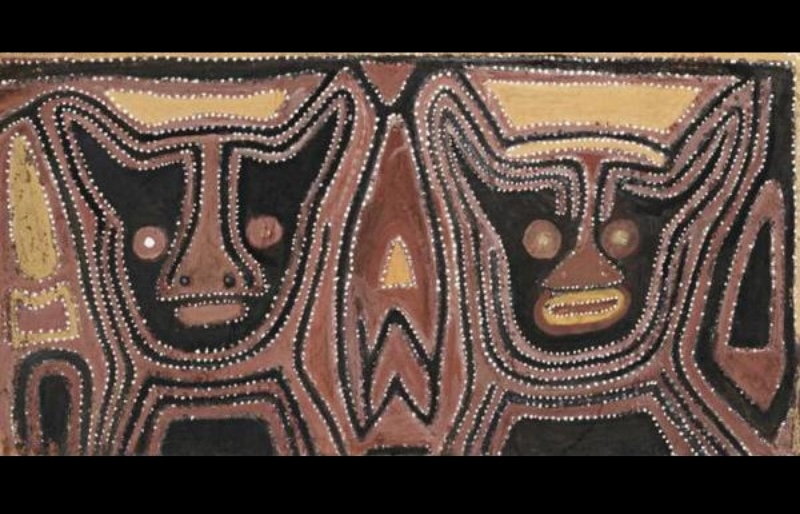 The Spirits, Jimbi and Manginta by Paddy Jaminji, pre-1983, an early East Kimberley painting in natural earth pigments on plywood.