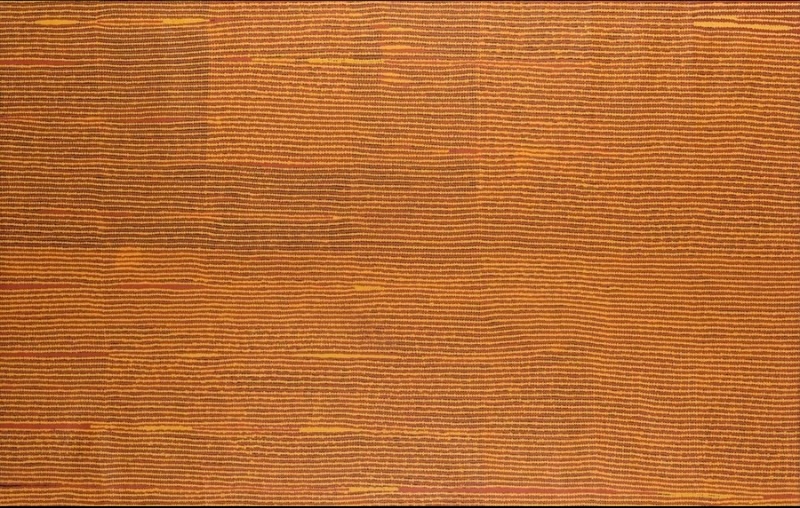 Turkey Tolson Tjupurrula Spear Dreaming, 1996. Aboriginal painting composed of thousands of finely painted horizontal ochre, cream and brown lines creating a shimmering minimalist abstract surface.