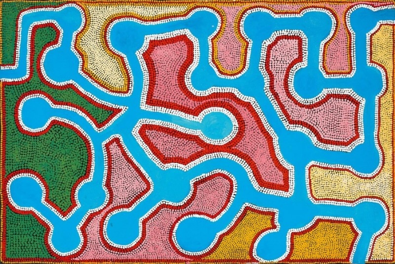 Boxer Milner’s Lake Gregory, WA (1997), with branching blue water forms surrounded by densely dotted fields of pink, red, green and yellow representing features around the lake.