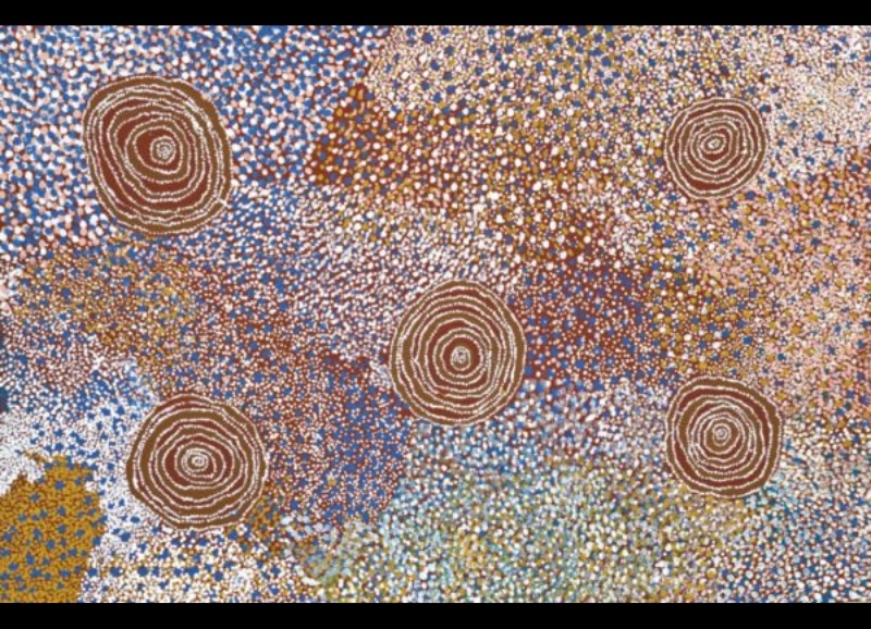Rockholes Near the Olgas 2006 by Bill Whiskey Tjapaltjarri, showing five concentric rockholes within densely dotted ancestral Country near Kata Tjuta.