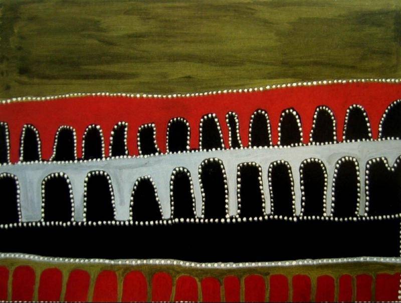 Munga Munganoo (Ord River), 1999 by Jack Britten, with rows of black rounded hill forms outlined in white dots between broad red, grey, black and green bands.