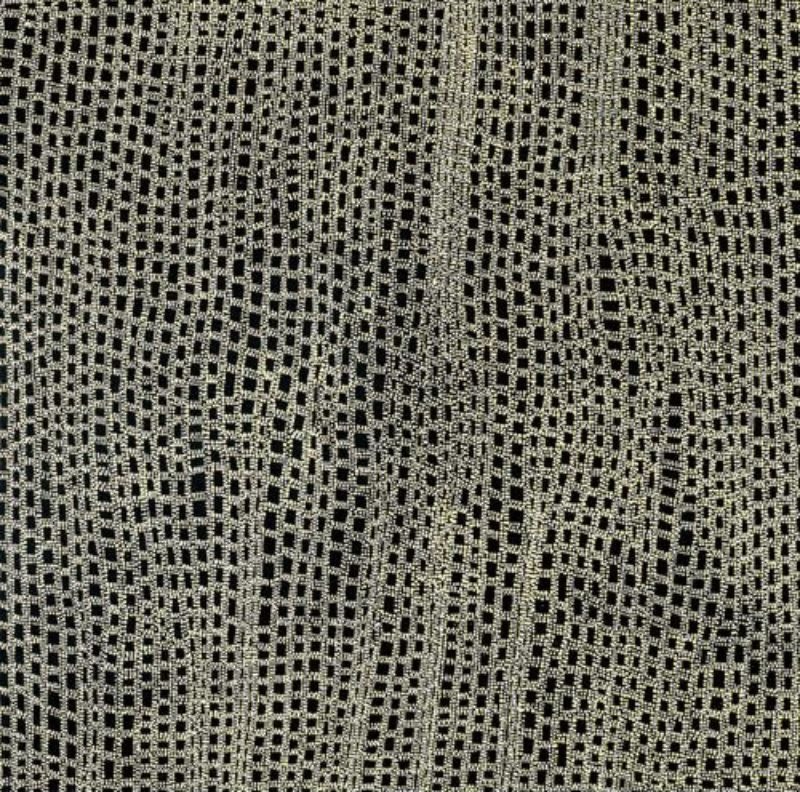 Abstract painting of thousands of tiny cream dots on a black background. The dots form a dense grid of gently curving vertical and horizontal bands, creating a woven pattern with subtle movement across the canvas.
