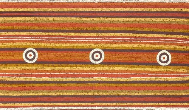 Turkey Tolson Tjupurrula Rockhole Site at Willinya, 1982. Aboriginal painting with long horizontal bands of ochre, red, white and black separated by three evenly spaced concentric circles across the centre.