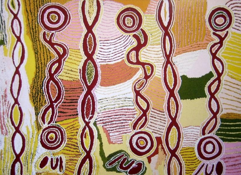 Maggie Watson Napangardi painting with tall twisting red snake-vine forms, concentric circles and repeated oval motifs over flowing fields of pink, yellow, green, ochre and white lines.