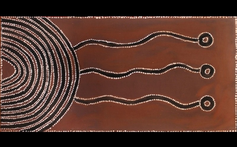 Old Tracks to Dreaming Place by Paddy Jaminji, 1979, an early East Kimberley painting in natural earth pigments on construction ply.