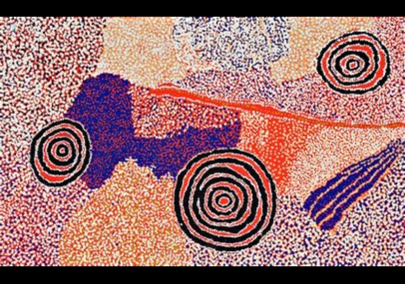 Rock Holes and Country Near the Olgas 2007 by Bill Whiskey Tjapaltjarri, with three concentric rockholes amid vividly coloured dotted Country.