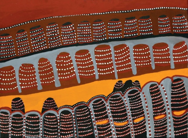 Bungle Bungles, 2001 by Jack Britten, with rows of red and black striped domes separated by sweeping bands of yellow, blue-grey and red ochre.