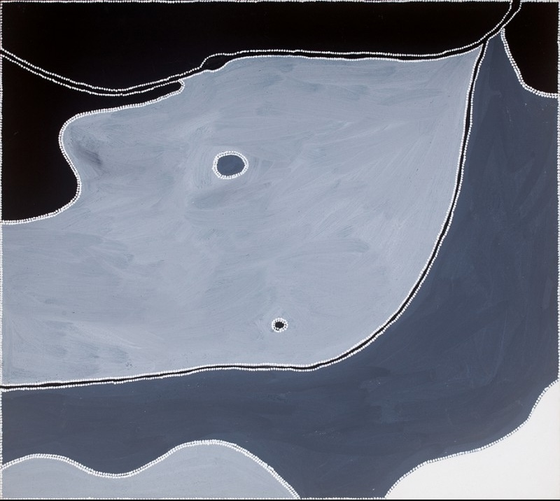 Freddie Timms Moat Creek Yard, 2007 – aerial view of Bow River Station Country showing a stockyard, waterhole, bore, plains, hills and creeks<br />
