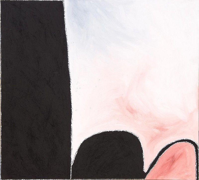 Abstract painting by Paddy Bedford with a bold black vertical form beside luminous white and pale pink ochre fields, punctuated by simplified black landforms in the foreground.