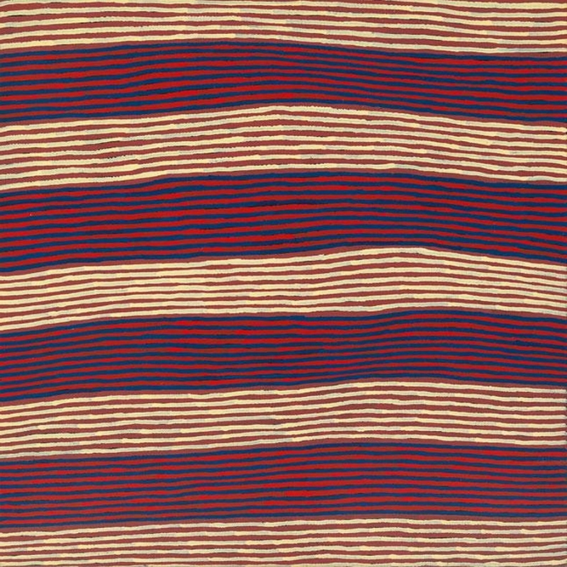 Ronnie Tjampitjinpa Wallaby and Bushfire Dreamings 1999 painting, with broad horizontal bands of closely spaced red, blue and cream parallel lines