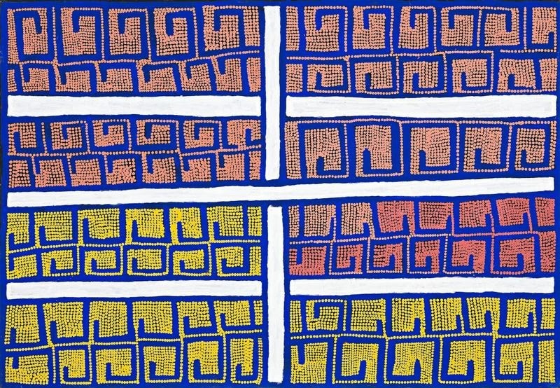 Boxer Milner’s Purkitji (2002), with a central white double-cross representing the main channels of Sturt Creek, surrounded by repeated hooked tributary forms in pink, red and yellow against a deep blue ground.