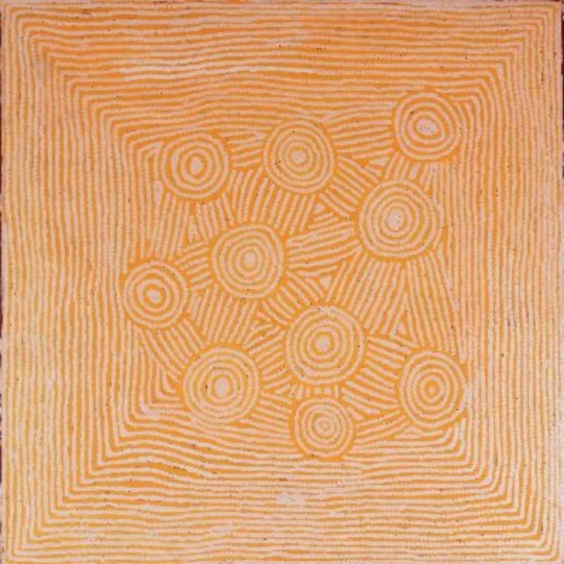 Tjumpo Tjapanangka Untitled 2002, with concentric circles connected by fine radiating lines within a field of closely spaced orange and white parallel bands.