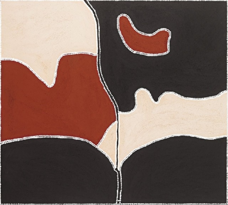 Freddie Timms Barlgan Country 2002, Aboriginal ochre painting with large black, red and cream shapes outlined by white dots