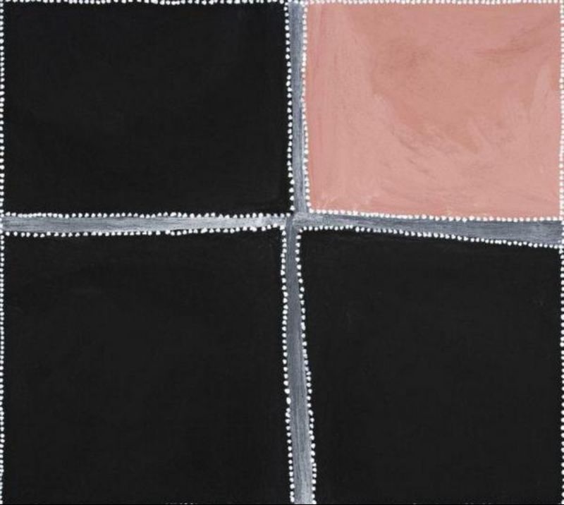 Abstract Aboriginal painting divided into four large rectangular sections by broad grey cross-shaped lines. Three sections are painted solid black, while the upper right section is a soft pink. Fine white dots outline the grey dividing bands and the outer border, creating a simple geometric composition with strong contrasts between black, pink, grey and white.