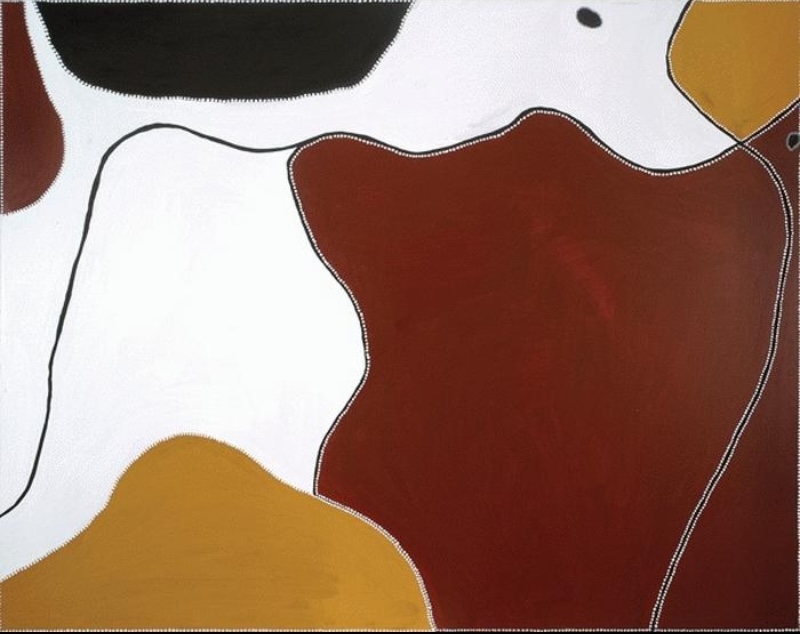 Freddie Timms Mistake Creek, 1995, painting with broad white, red-brown, yellow and black fields depicting the site of the Mistake Creek killings