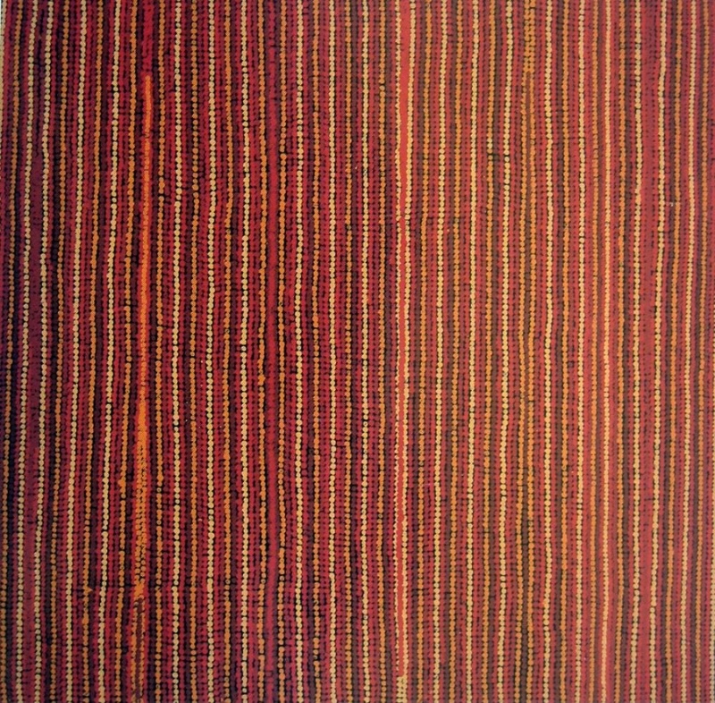 Turkey Tolson Tjupurrula Straightening Spears at Illyingaugau 1999 Aboriginal painting with vertical dotted bands in rich ochre, red and black representing ceremonial spear straightening.